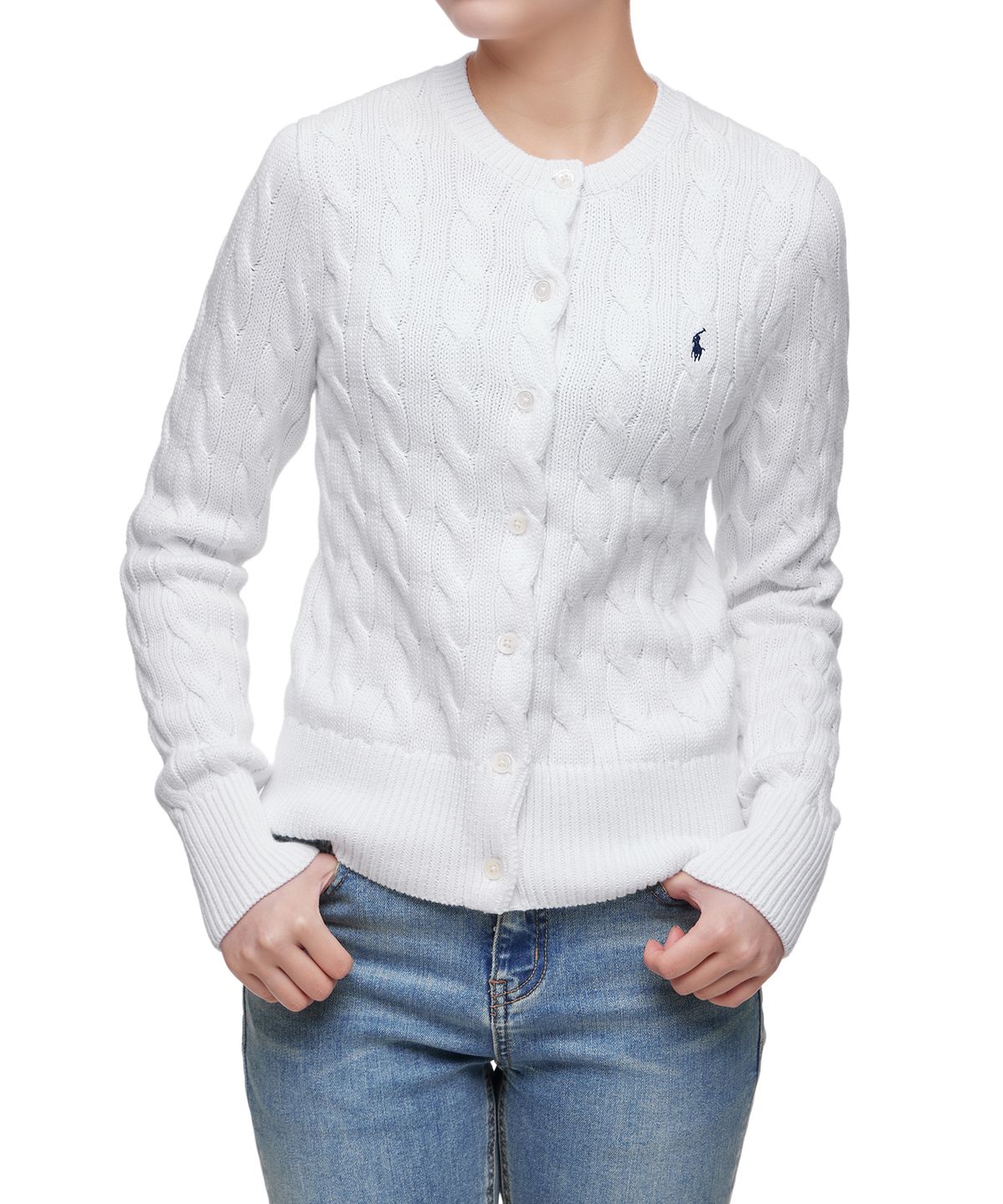 폴로 랄프 로렌(POLO RALPH LAUREN) W 케이블 니트 코튼 크루넥 카디건 - 화이트