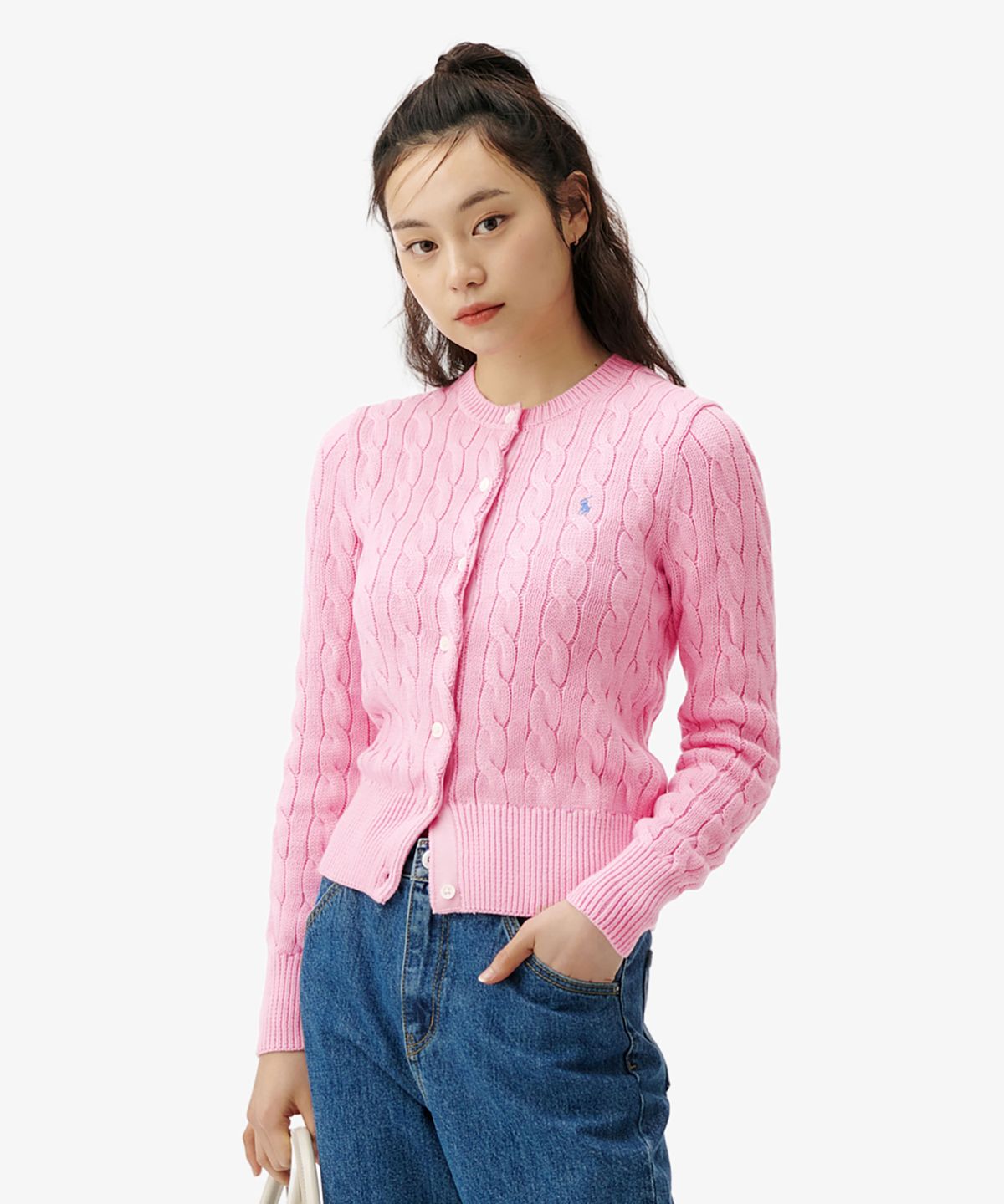 폴로 랄프 로렌(POLO RALPH LAUREN) W 케이블 니트 코튼 크루넥 카디건 - 핑크