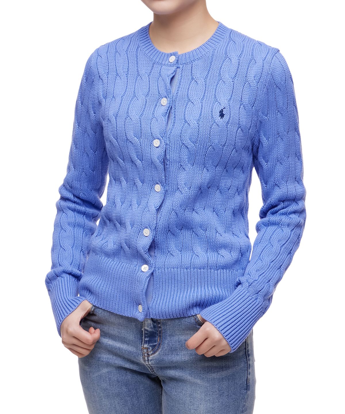 폴로 랄프 로렌(POLO RALPH LAUREN) W 케이블 니트 코튼 크루넥 카디건 - 블루