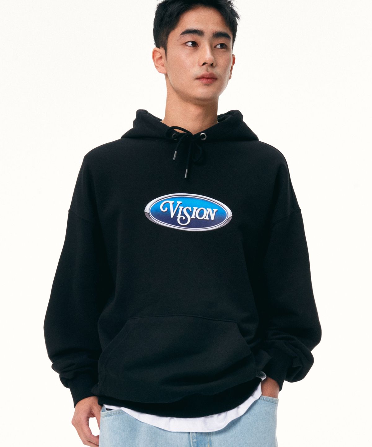 비전스트릿웨어(VISION STREETWEAR) VSW blue Oval Logo Hoodie Black
