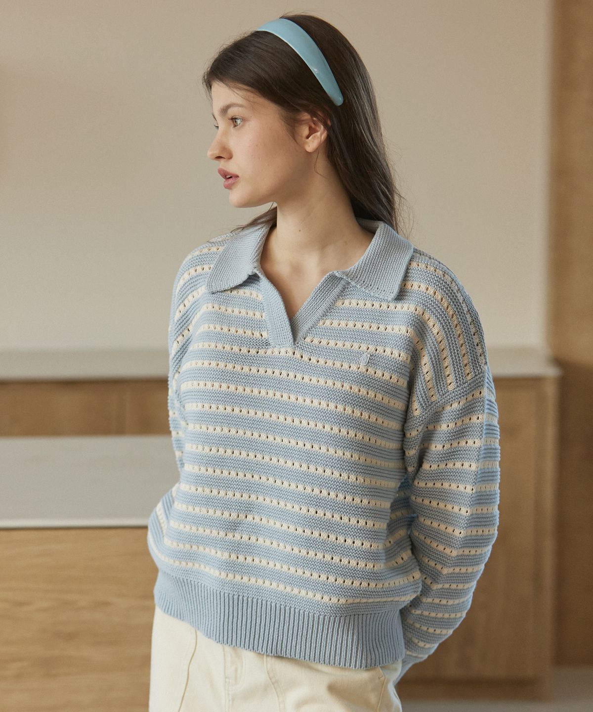 꼬모니노즈(COMONINOZ) W CROCHET STRIPE PULLOVER [SKY BLUE]