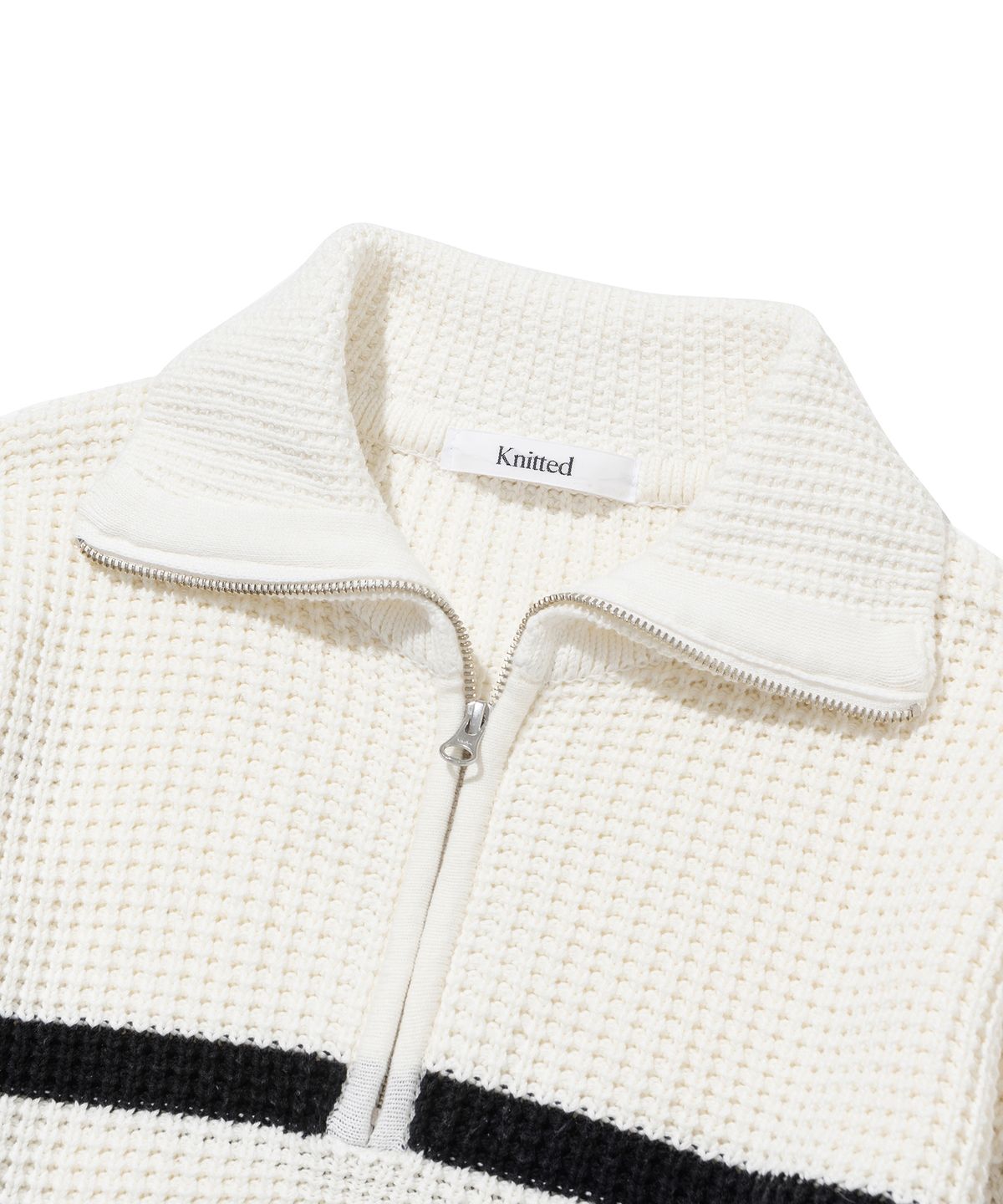 니티드(KNITTED) 소프트코튼 헤비 와플 하프 집업 니트 STRIPE IVORY
