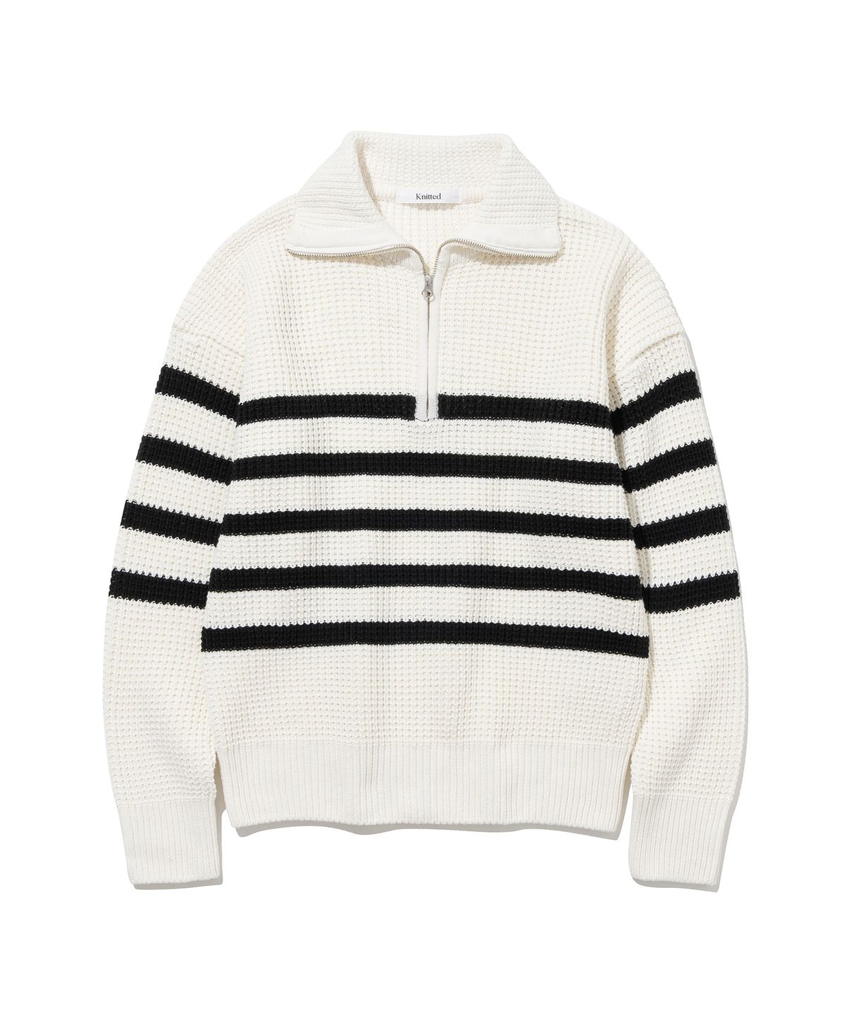 니티드(KNITTED) 소프트코튼 헤비 와플 하프 집업 니트 STRIPE IVORY