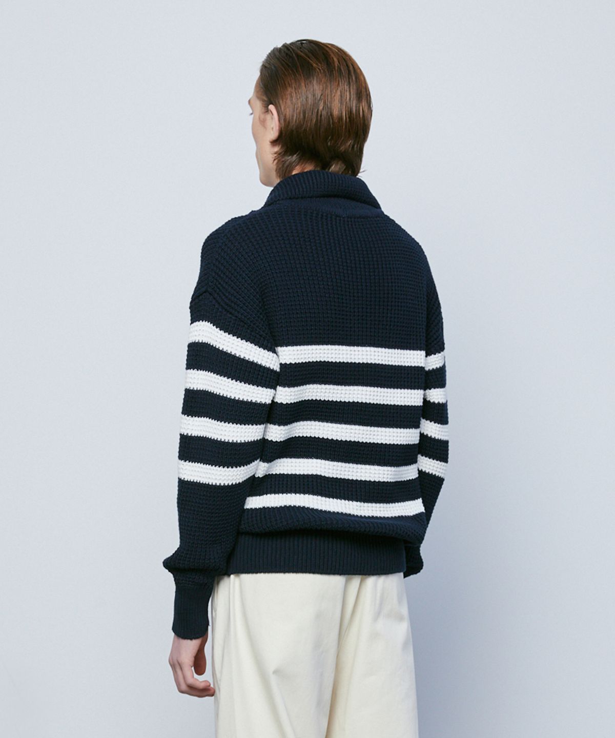 니티드(KNITTED) 소프트코튼 헤비 와플 하프 집업 니트 STRIPE NAVY