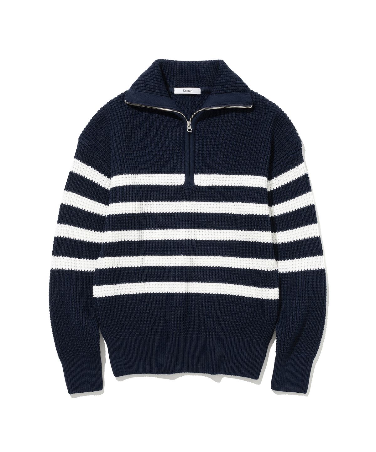 니티드(KNITTED) 소프트코튼 헤비 와플 하프 집업 니트 STRIPE NAVY