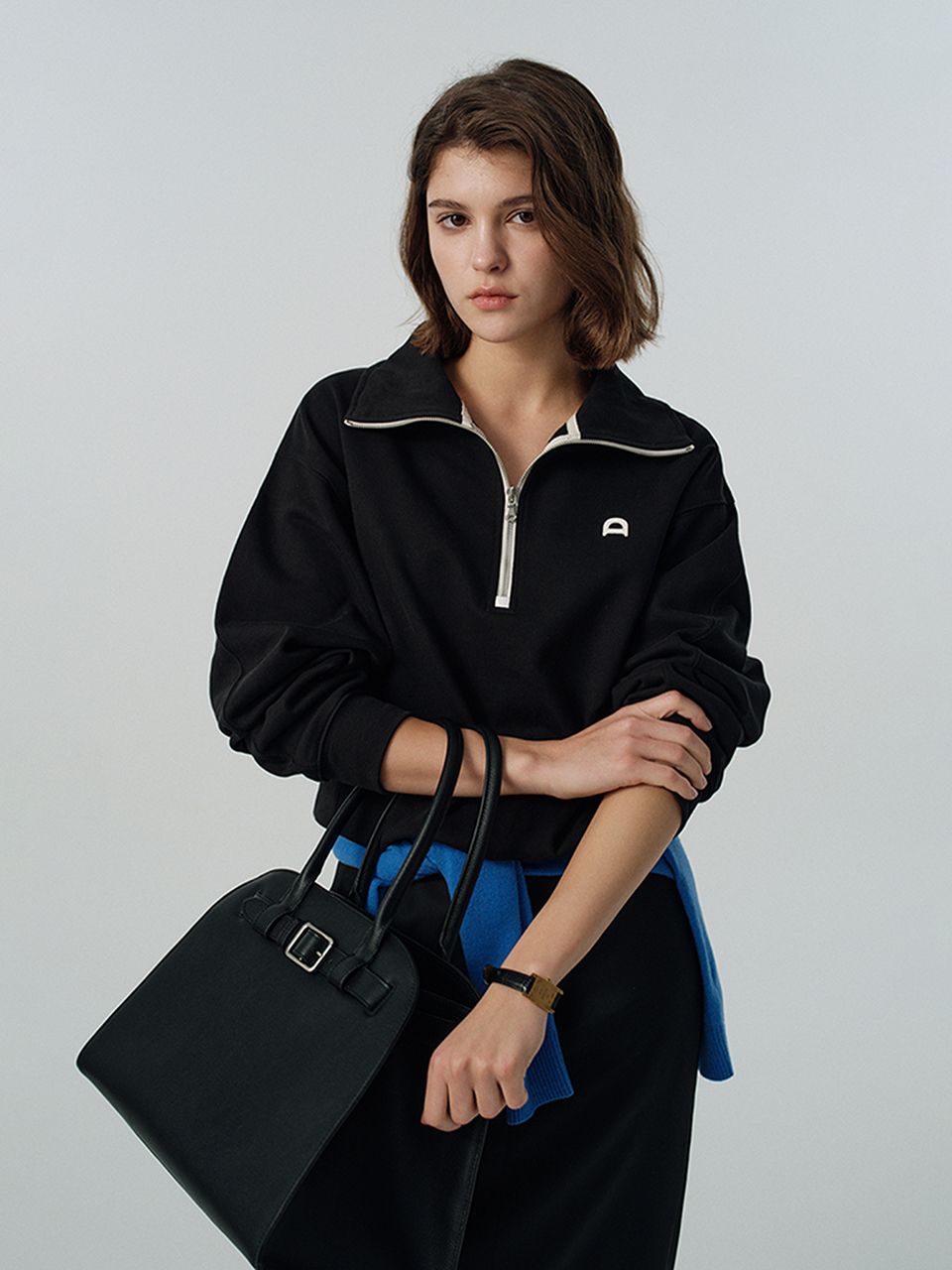 MUSINSA | DUNST FOR WOMEN UNISEX LEATHER LOGO Half Zip