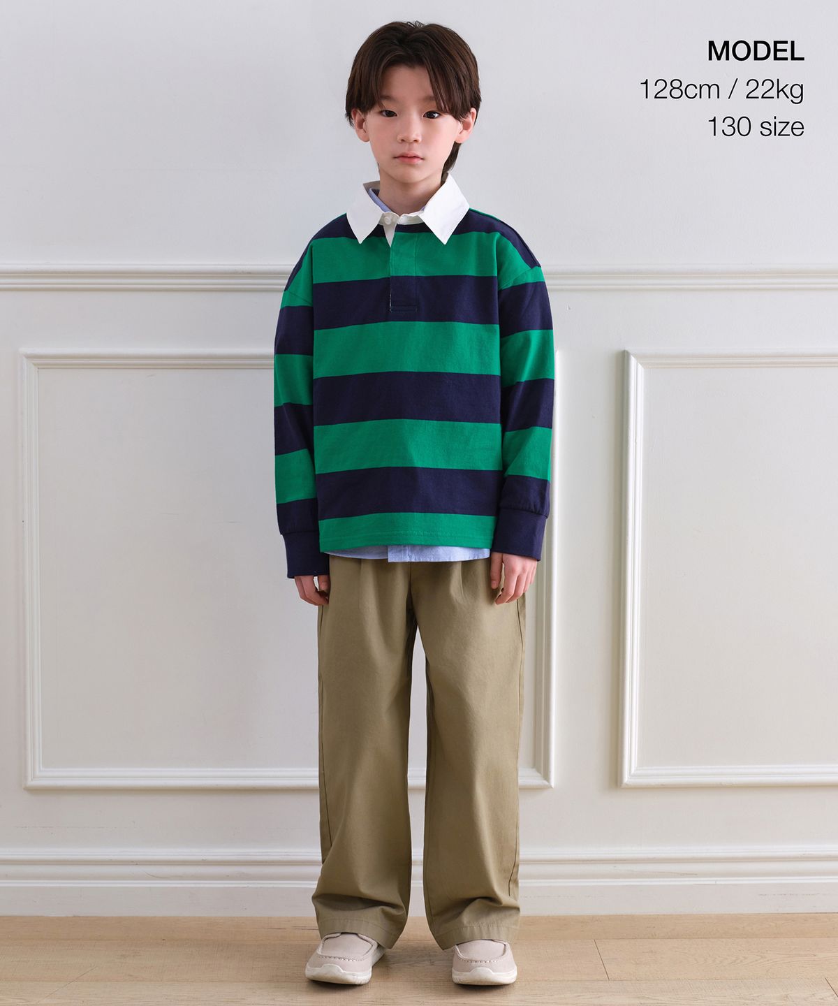 무신사 스탠다드 키즈(MUSINSA STANDARD KIDS) 스트라이프 럭비 셔츠 [네이비/그린]