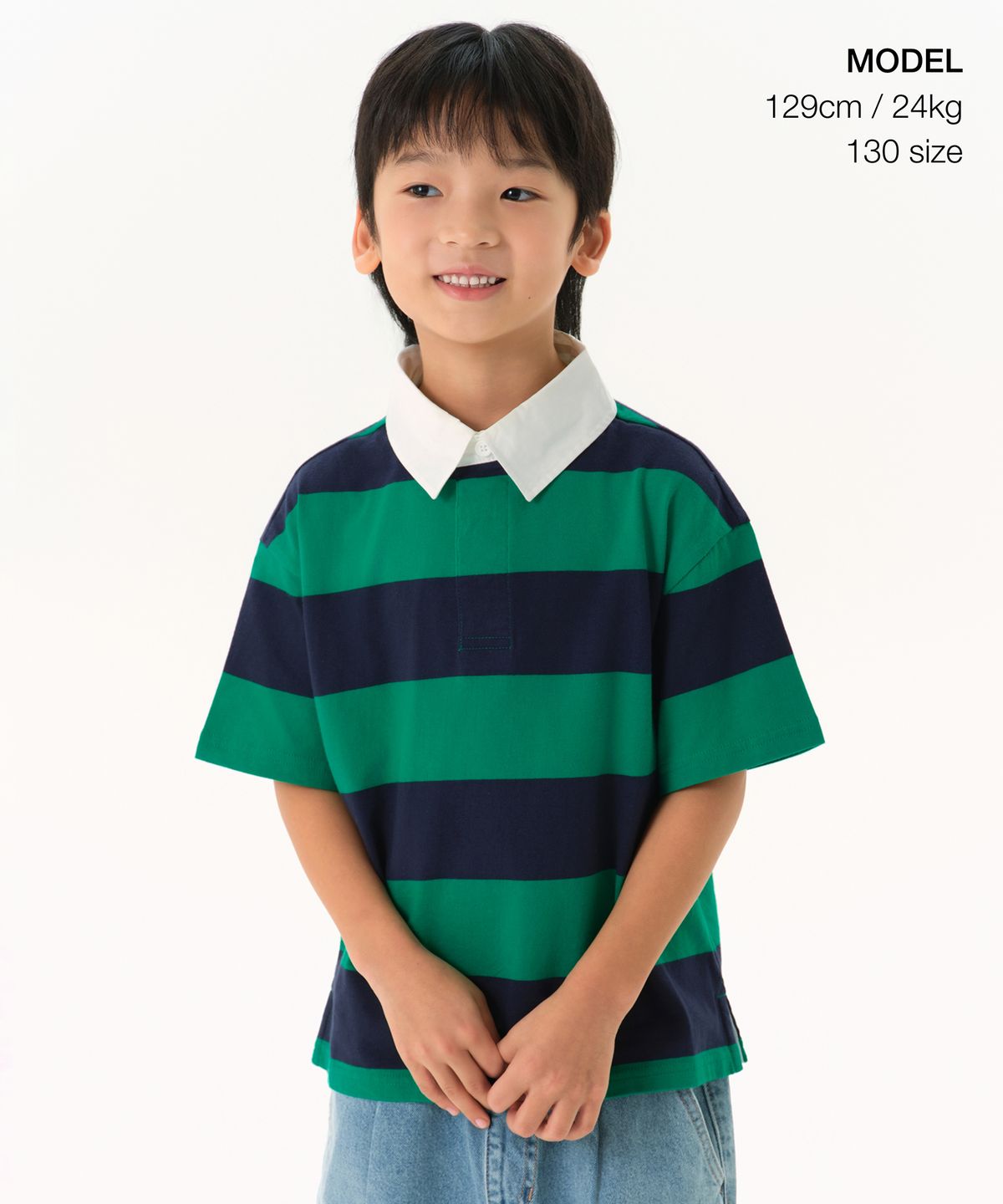 무신사 스탠다드 키즈(MUSINSA STANDARD KIDS) 스트라이프 반소매 럭비 셔츠 [네이비/그린]