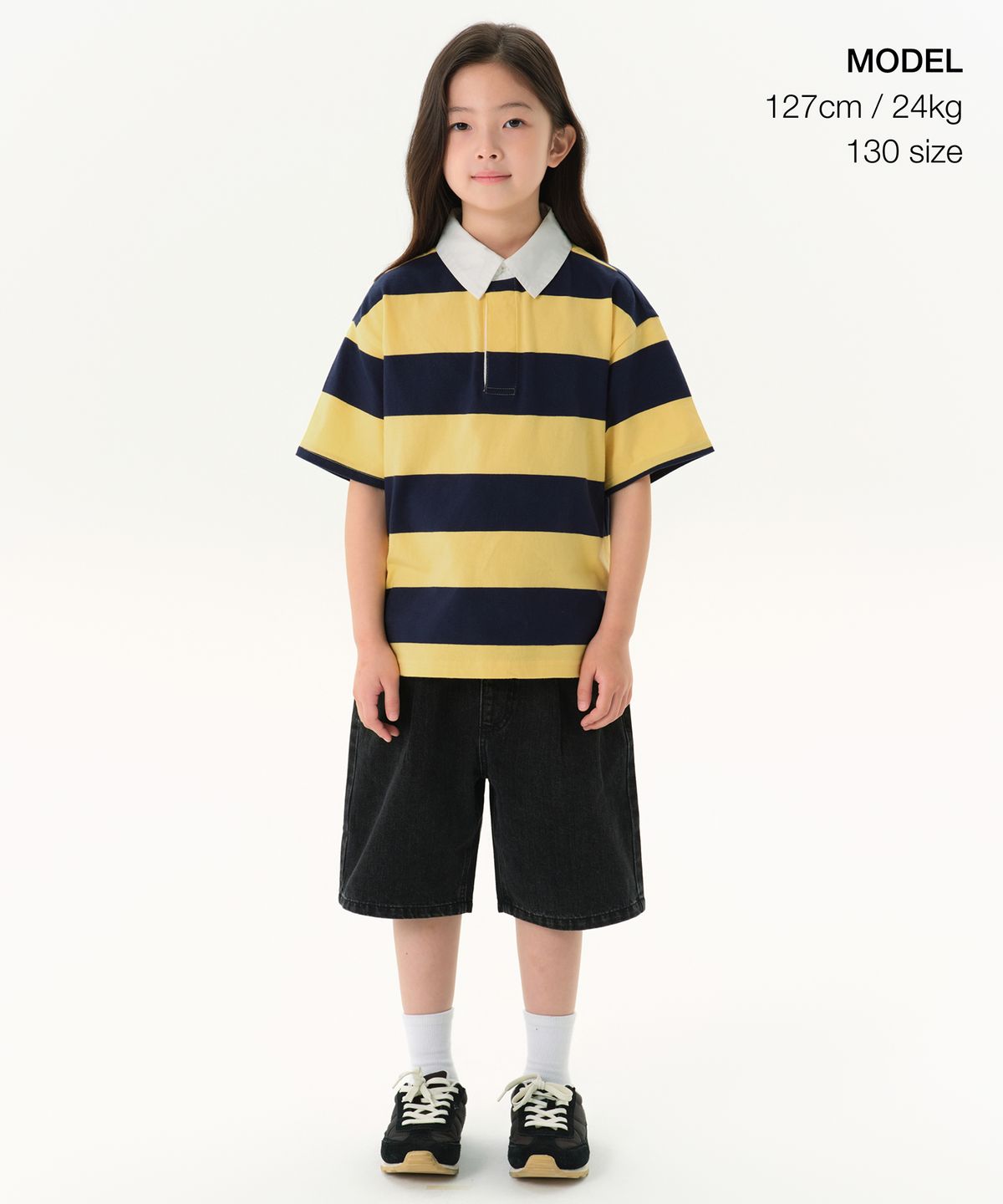 무신사 스탠다드 키즈(MUSINSA STANDARD KIDS) 스트라이프 반소매 럭비 셔츠 [네이비/옐로우]