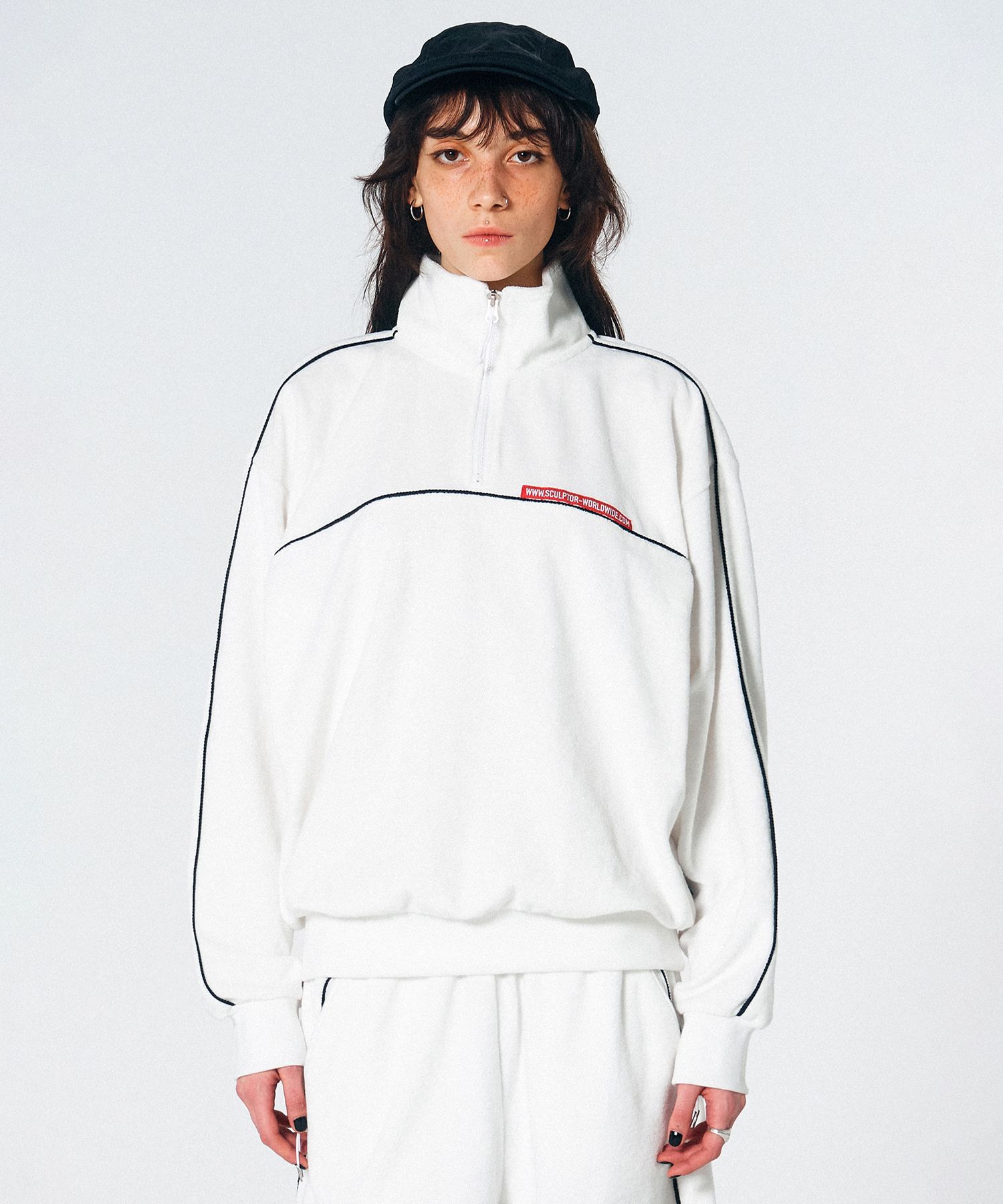 MUSINSA | SCULPTOR Terry Piping Half Zip Sweatshirt White