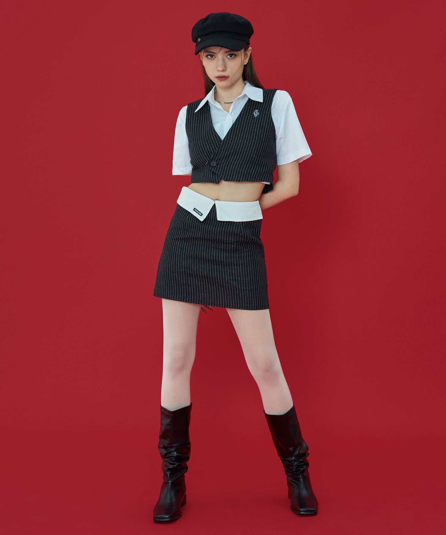 MUSINSA | FANCY CLUB [NF] Stripe layered mini skirt (BLACK)_