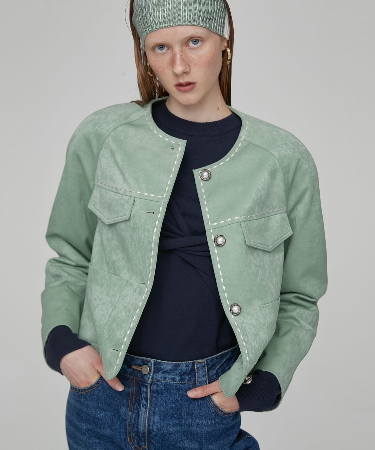 엔오르(EN OR) LINE STITCH CROP JACKET - GREEN