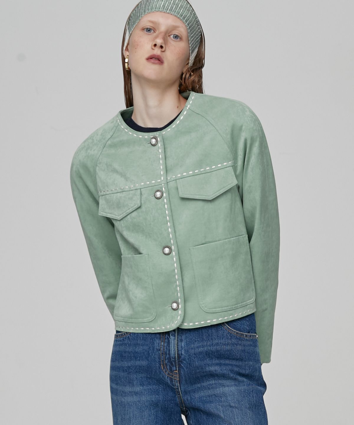 엔오르(EN OR) LINE STITCH CROP JACKET - GREEN