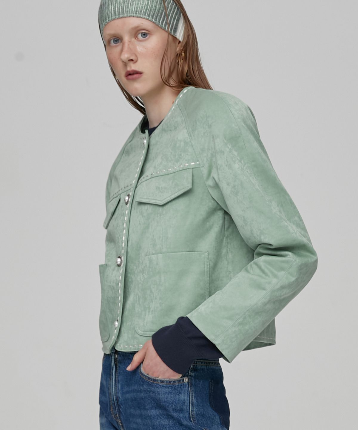 엔오르(EN OR) LINE STITCH CROP JACKET - GREEN