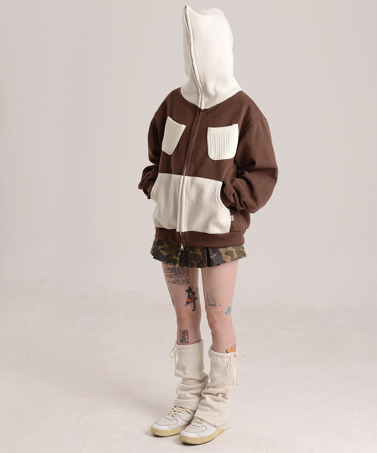 피스메이커(PIECE MAKER) KNIT MIXED SWEAT FULL ZIP HOODIE (BROWN)