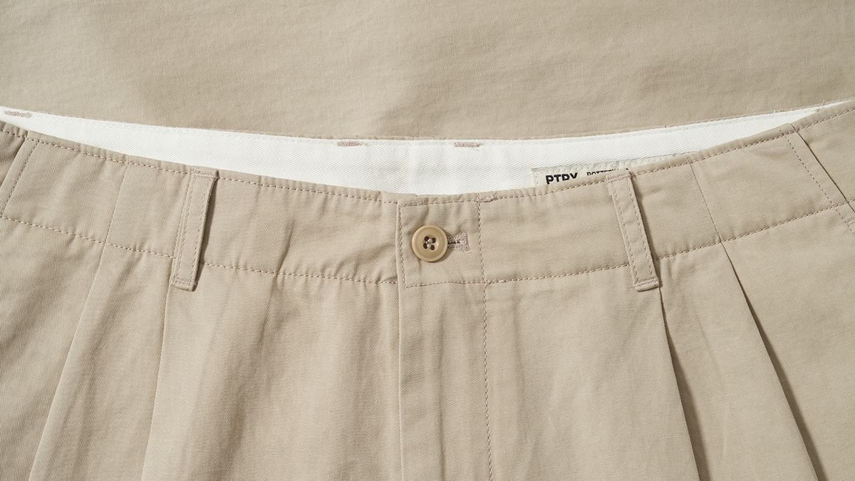 포터리(POTTERY) Two Pleated Wide Chino Pants Cotton / Linen Blend Twill Cloth Resilient Hard Finish (Light Beige)