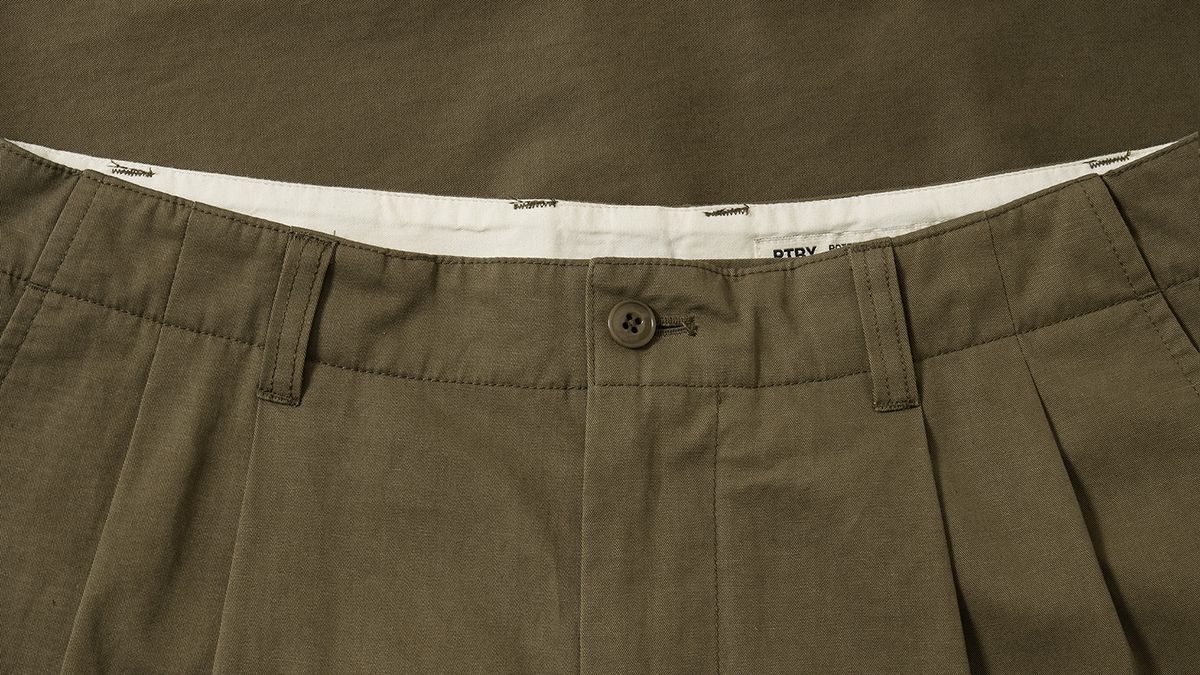 포터리(POTTERY) Two Pleated Wide Chino Pants Cotton / Linen Blend Twill Cloth Resilient Hard Finish (Olive)