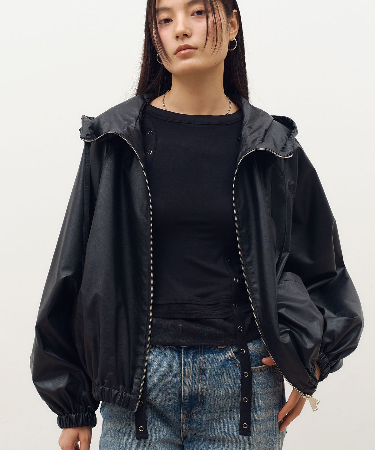 도프셉(DOFFSEPT) FAUX Leather Hoodie Jumper in Black