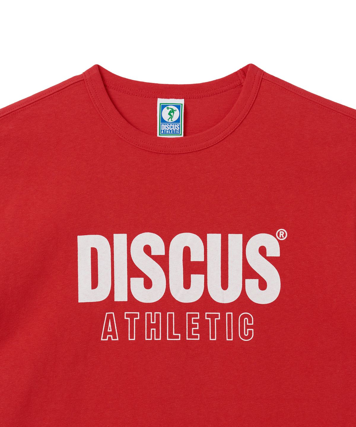 디스커스 애슬레틱(DISCUS ATHLETIC) 슈퍼 헤비웨이트 레귤러 핏 레터 로고 티셔츠 레드