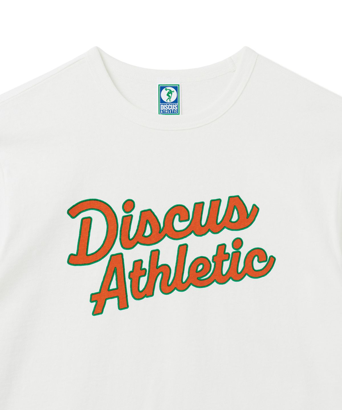 디스커스 애슬레틱(DISCUS ATHLETIC) 슈퍼 헤비웨이트 레귤러 핏 컬시브 티셔츠 오프 화이트