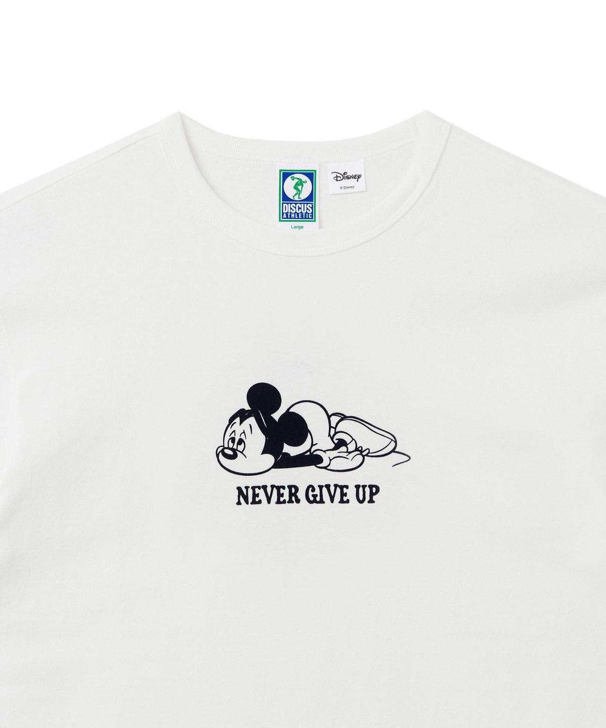 디스커스 애슬레틱(DISCUS ATHLETIC) 슈퍼 헤비웨이트 레귤러 핏은 네버 기브 업 미키 티셔츠 오프 화이트