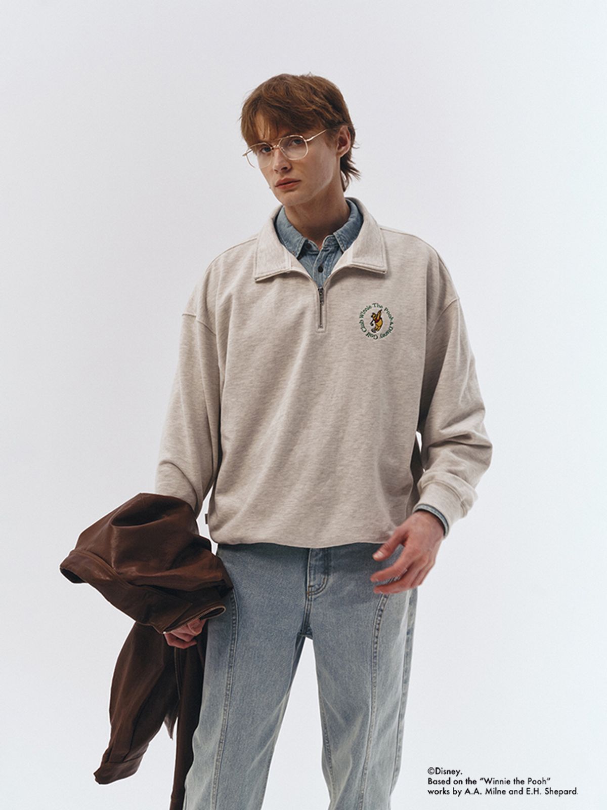 던스트 포 맨(DUNST FOR MEN) UNISEX_DISNEY POOH_SPORTS HALF ZIP-UP SWEATSHIRT_OATMEAL MELANGE_M_UDTS3A158I1