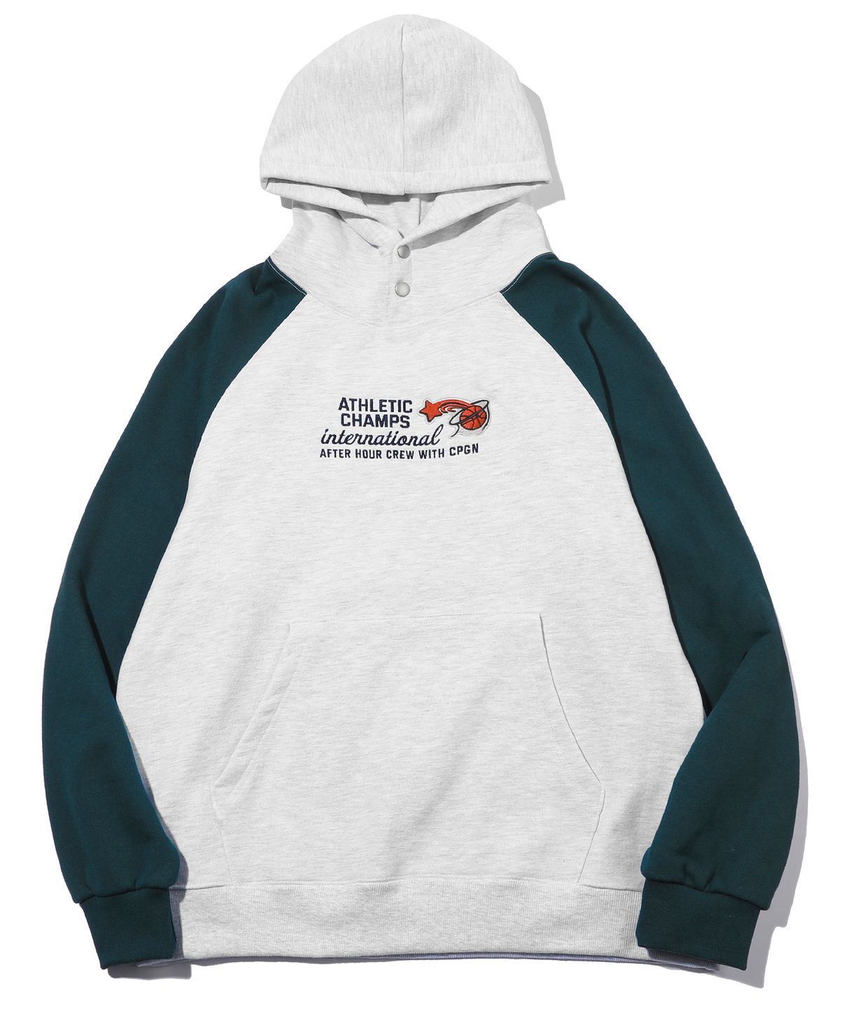 꼼파뇨(CPGN STUDIO) ATHLETIC CHAMPS 레글런 스냅 후드티 멜란지그린