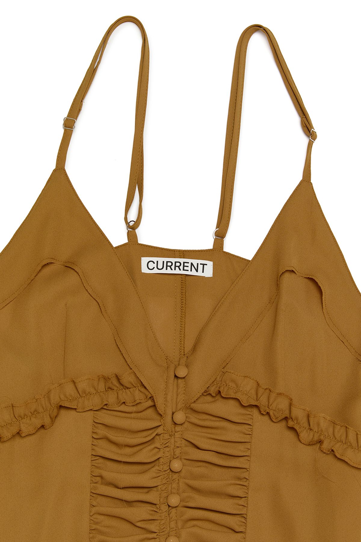 커렌트(CURRENT) SHEER SHIRRING SLIP DRESS [CAMEL]