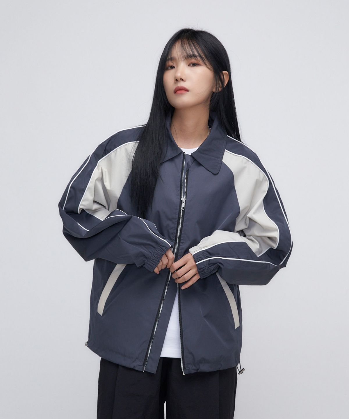 슬로우 레코드 하우스(SLOW RECORD HOUSE) 파이핑 라인 나일론 자켓_먹색