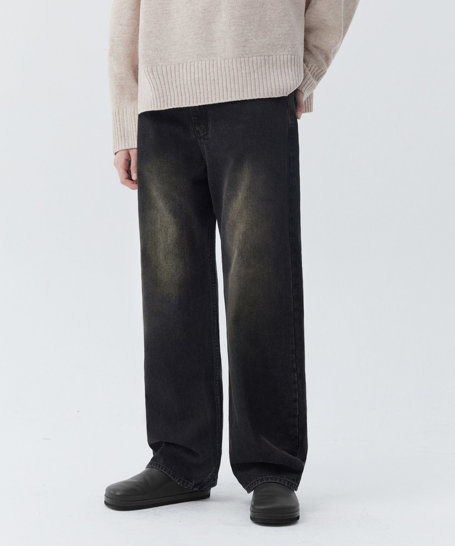 MUSINSA | TRILLION Biostone Washing Wide Denim Pants_BEIGE BLACK