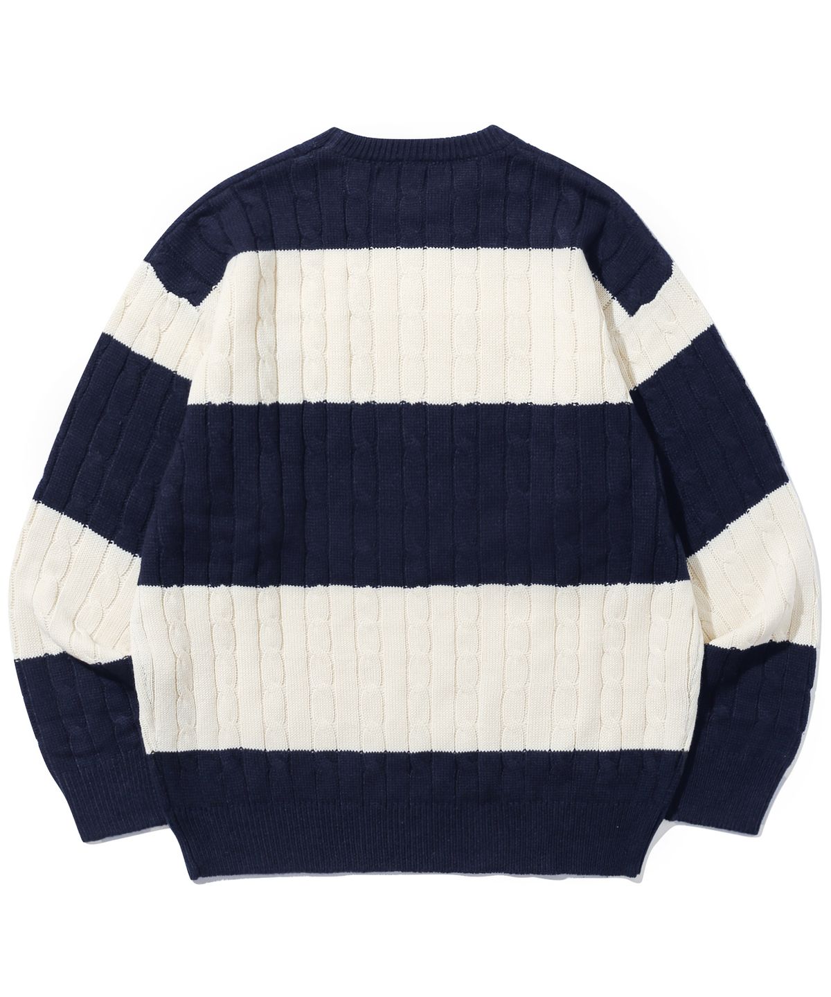 트릴리온(TRILLION) 워셔블 보트자수 케이블 크루넥 니트 (NAVY STRIPE)