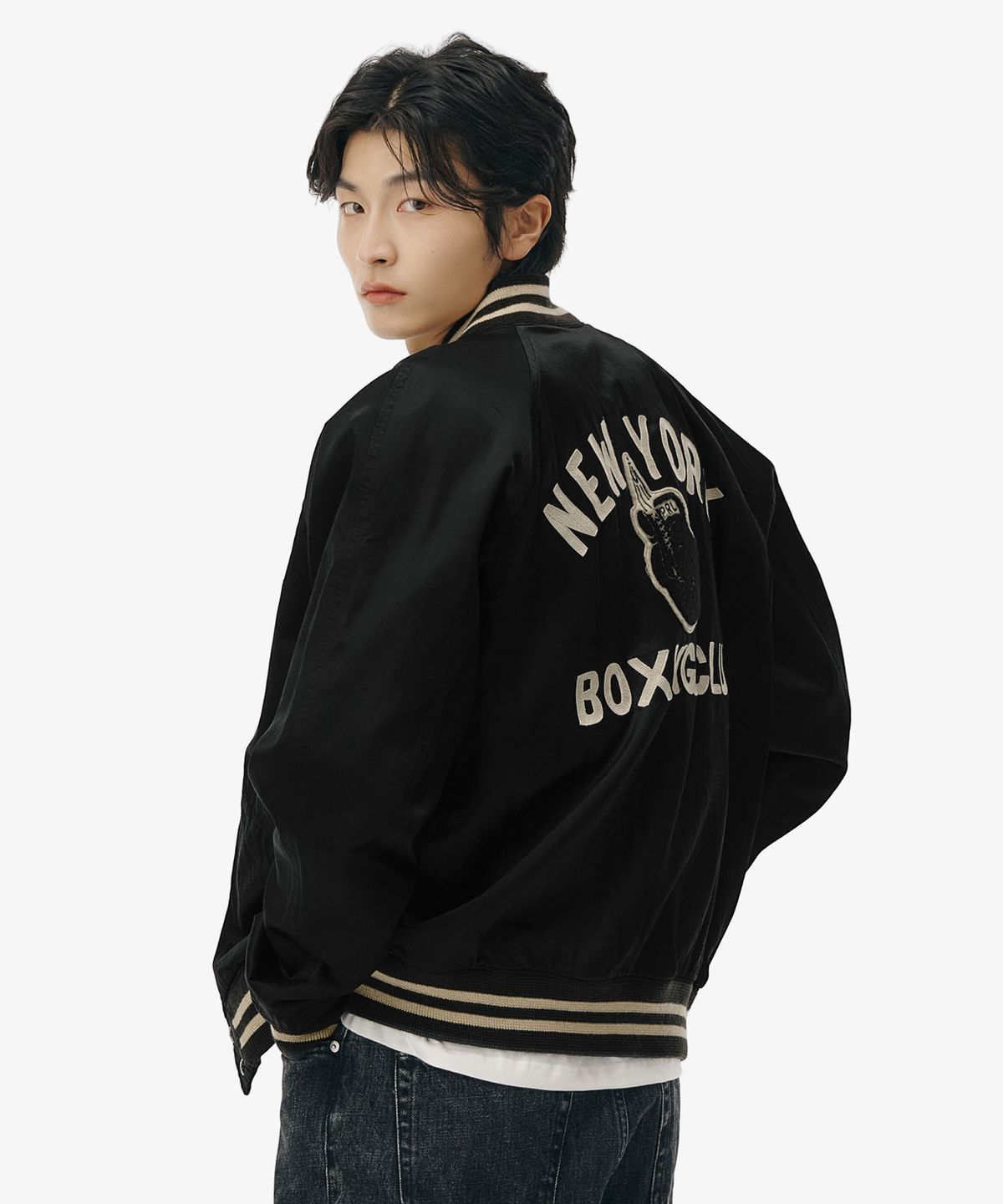 폴로 랄프 로렌(POLO RALPH LAUREN) [NEW YORK BOXING CLUB] 새틴 바시티 리버시블 재킷 - 블랙