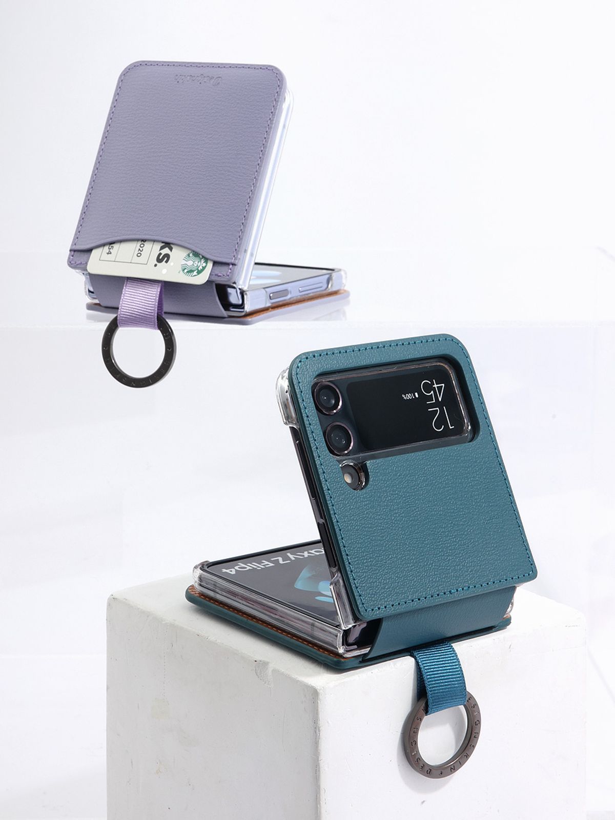 디자인스킨(DESIGNSKIN) 갤럭시Z플립4_3 링 그립 가죽 카드포켓 케이스Ver.2-블루그린