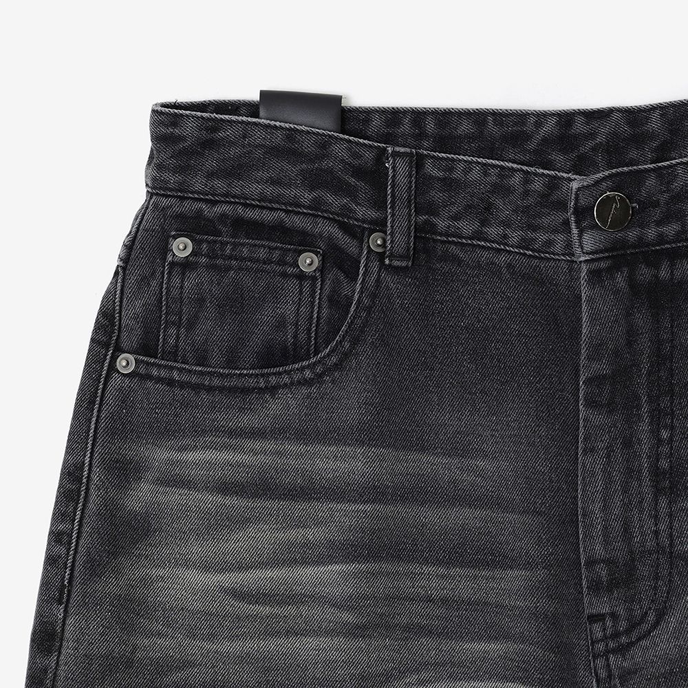 【Anyone more】Canner black denim washing wide denim pants Washed black denim trousers - Fluff