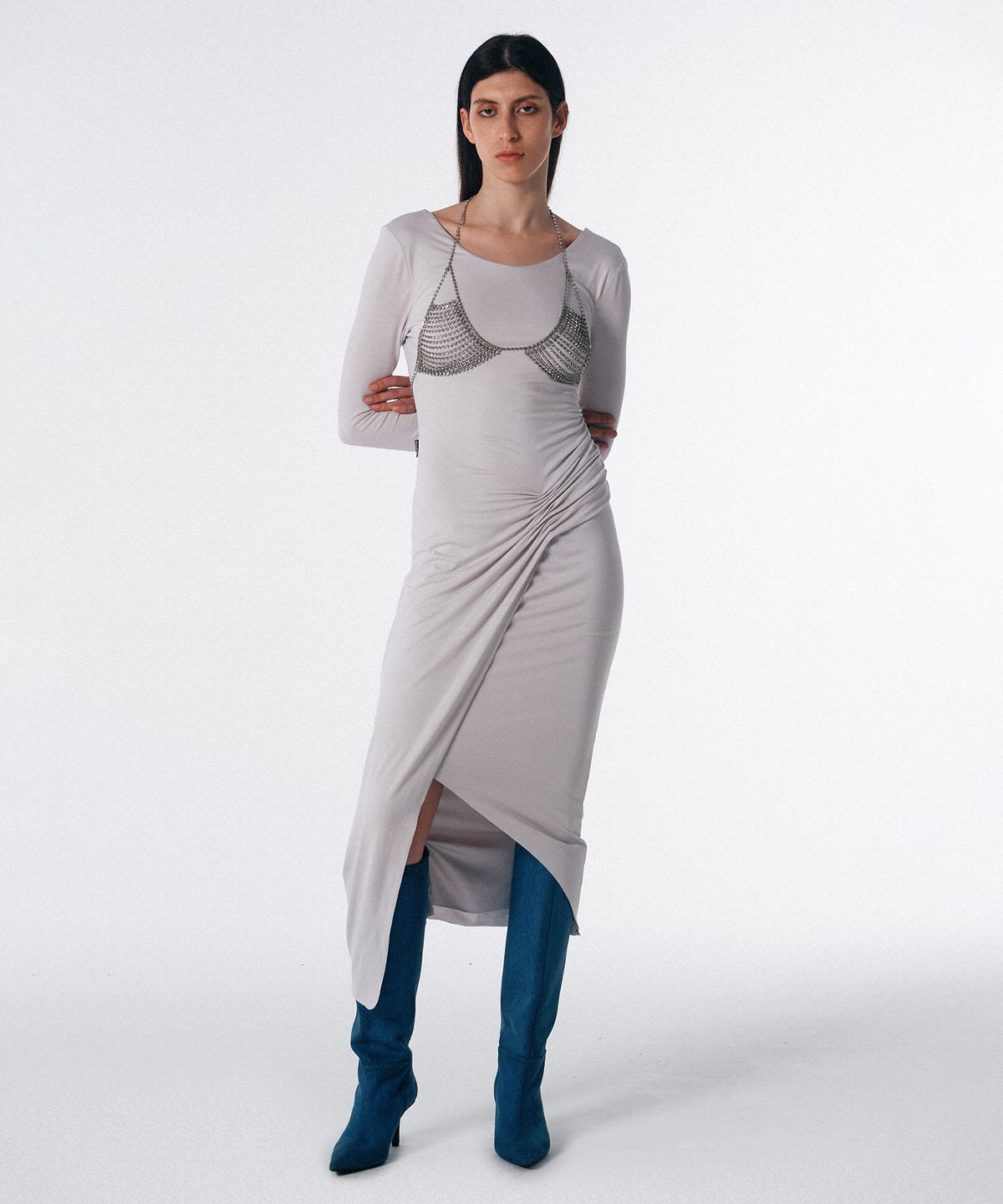 스컬프터(SCULPTOR) Shirring Sheer Maxi Dress Clear