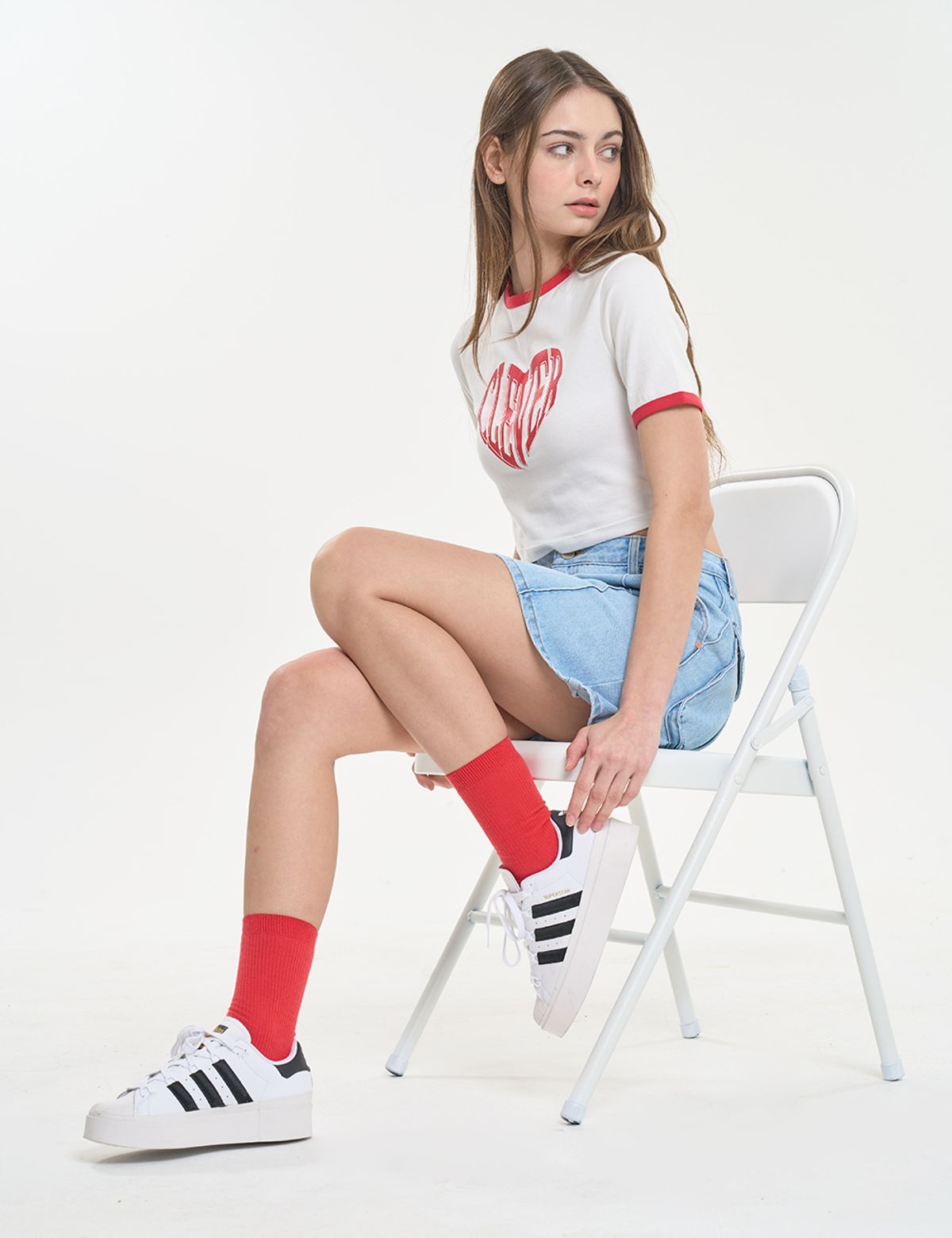 클레버필드(CLEVER FIELD) 하트 링거 크롭 티셔츠 [레드]