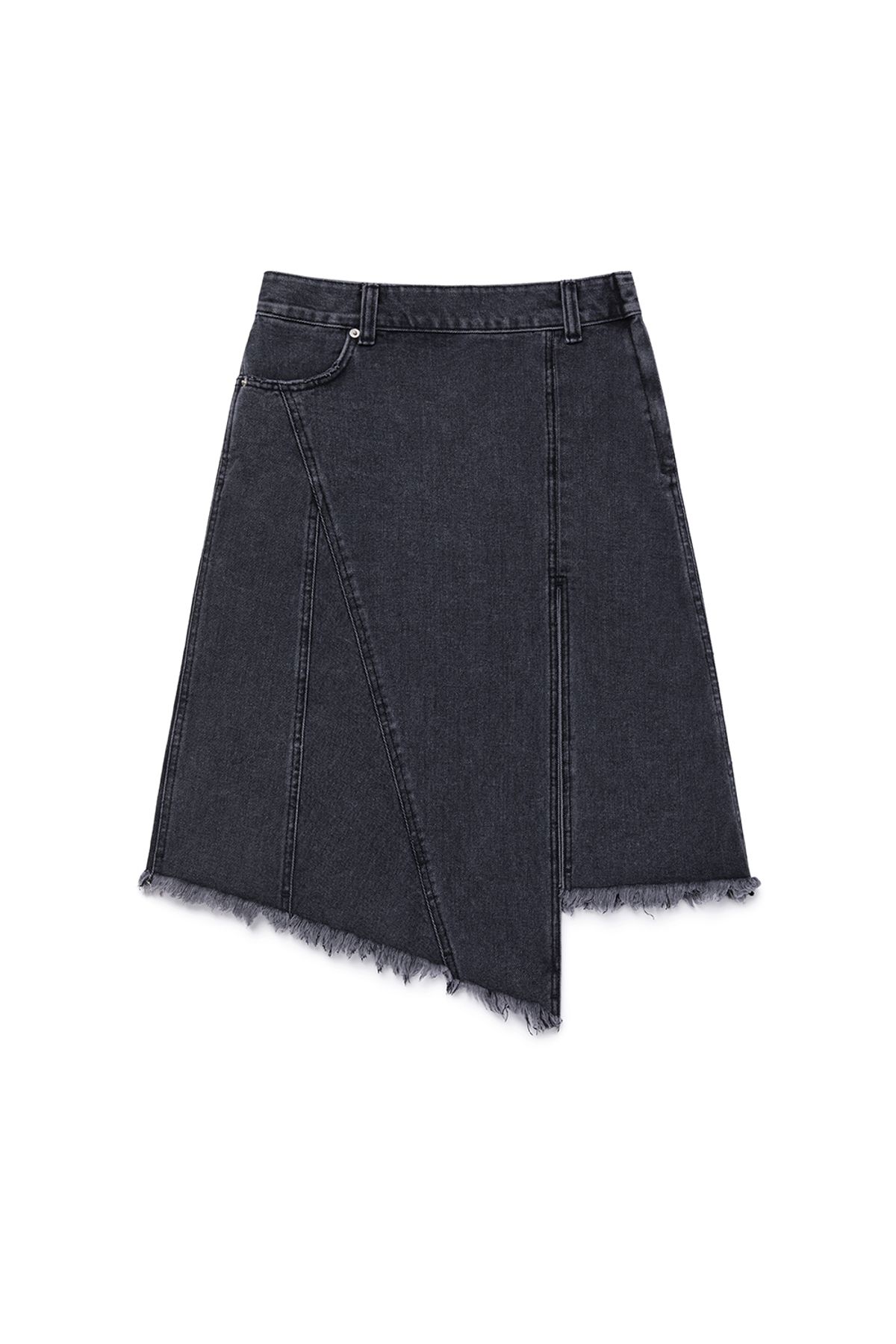 커렌트(CURRENT) ASYMMETRIC DENIM MIDI SKIRT [BLACK]