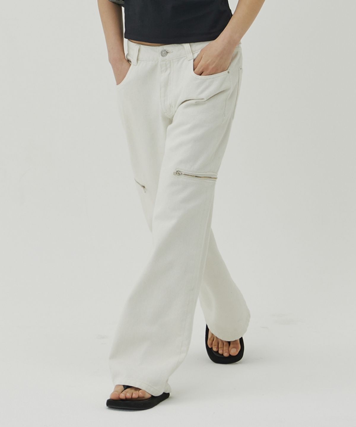 메종미네드(MAISON MINED) (W) TRIPLE MOON ZIPPER DENIM PANTS - WHITE