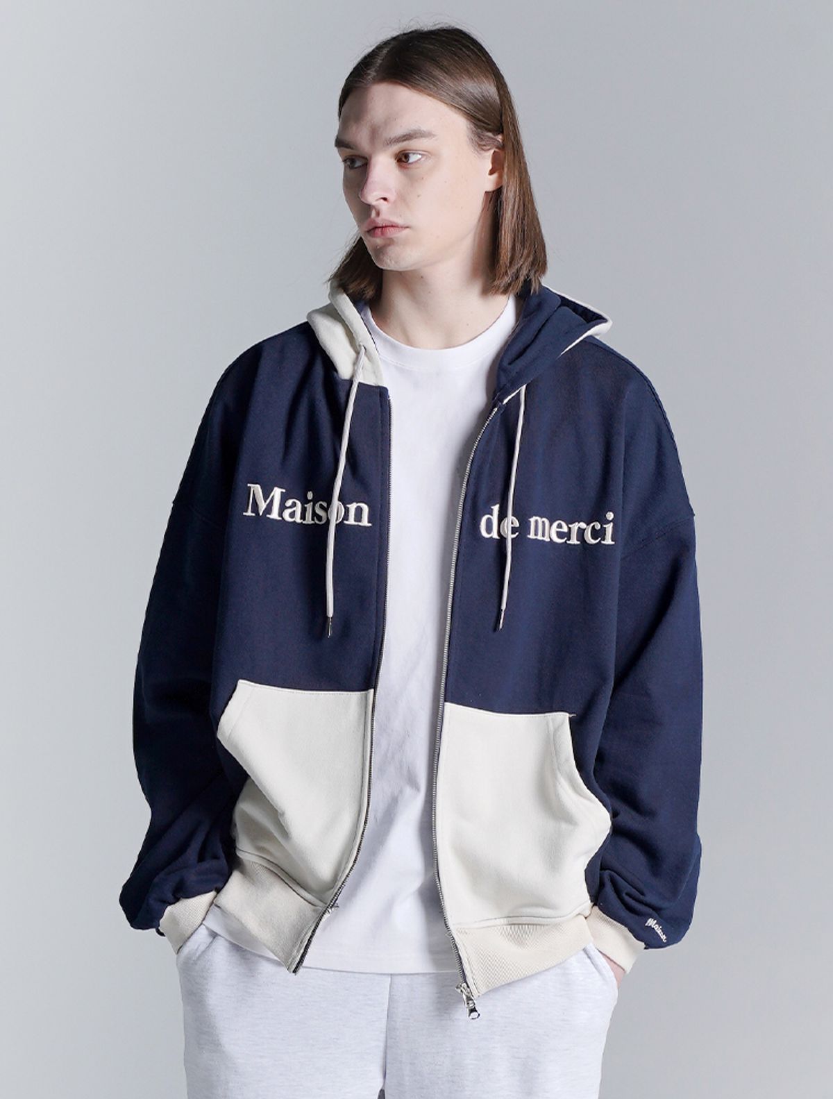 라 메종 스튜디오(LA MAISON STUDIO) UNISEX 투웨이 투톤 드롭핏 후드집업 네이비(FCD1ZP101M)