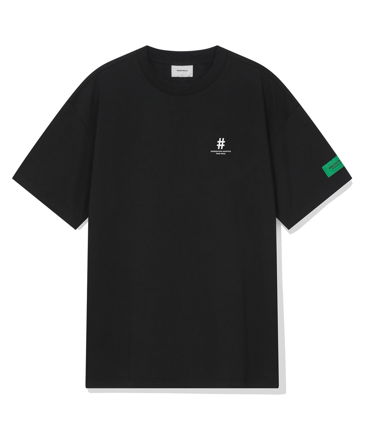 빈트릴(BEENTRILL) 그린 테이핑 해시태그 오버핏 반팔티(블랙)