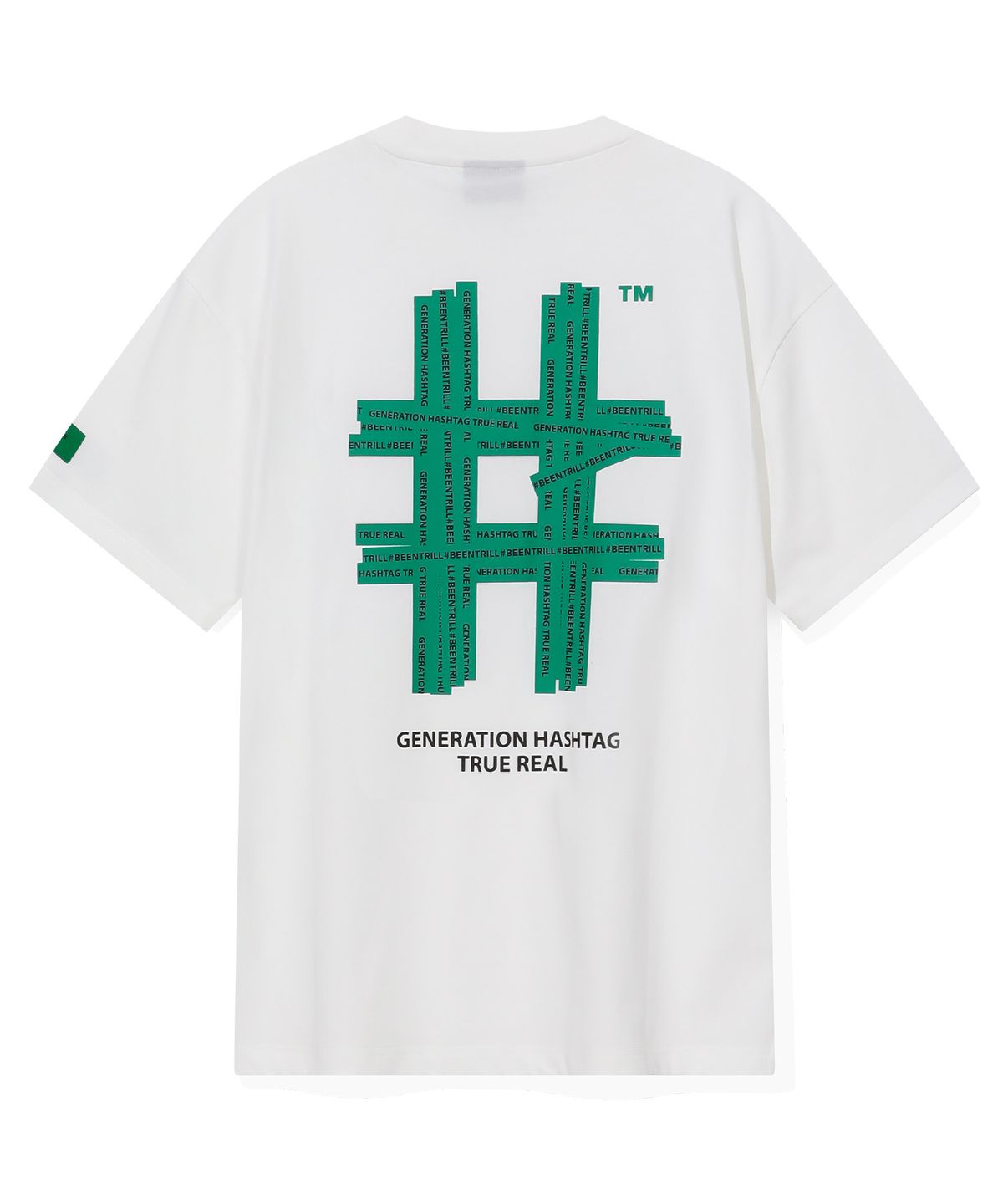 빈트릴(BEENTRILL) 그린 테이핑 해시태그 티셔츠(오프 화이트)