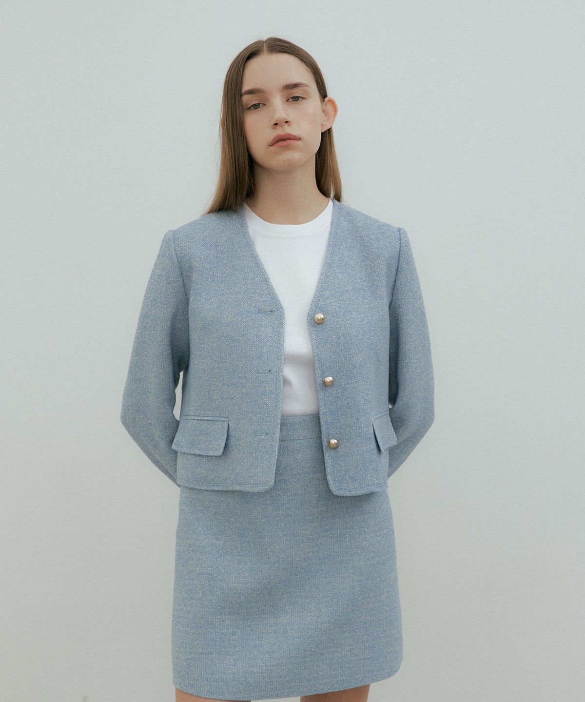 더페니(THE PENNY) CUFFS TWEED JACKET- Sky blue