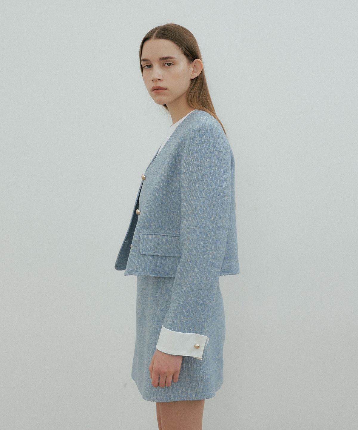 더페니(THE PENNY) CUFFS TWEED JACKET- Sky blue