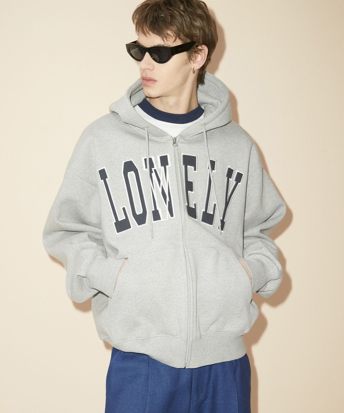 노앙(NOHANT) LONELY/LOVELY FLUFF HOODIE ZIP-UP GRAY NAVY