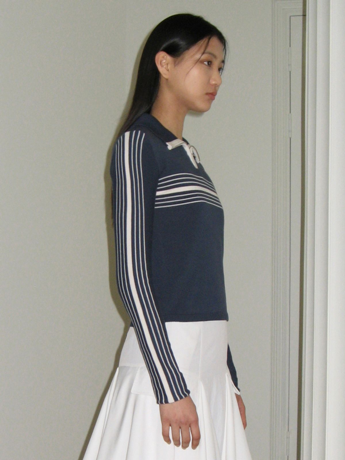 시눈(SINOON) LINE HALF ZIP-UP KNIT TOP (NAVY)