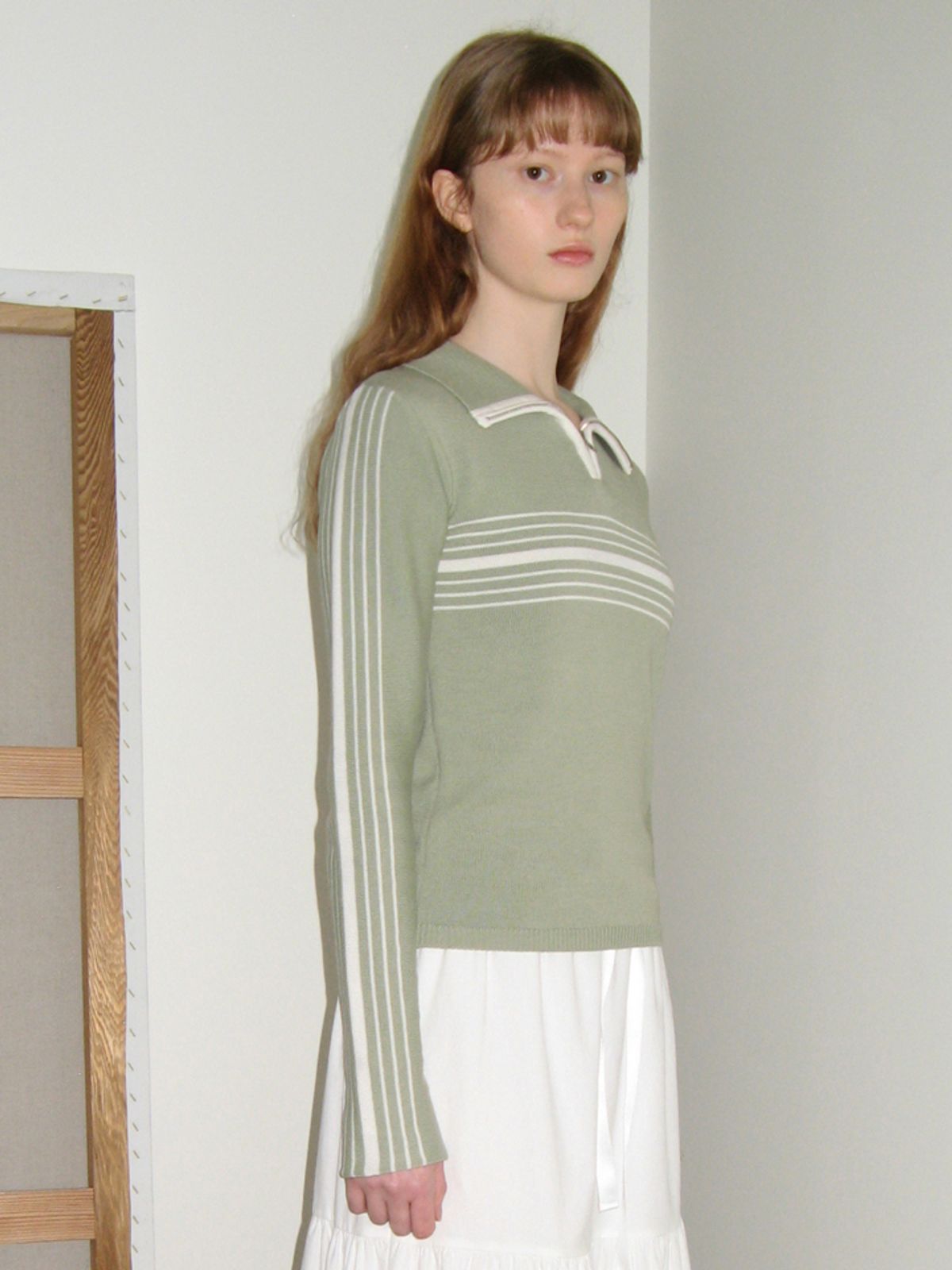 시눈(SINOON) LINE HALF ZIP-UP KNIT TOP (LIGHT KHAKI)
