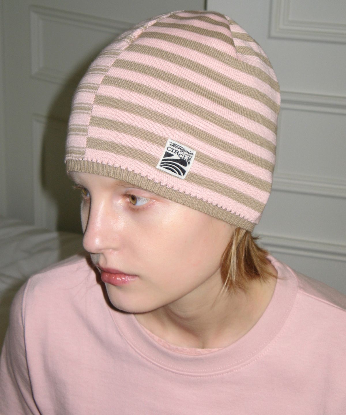 시눈(SINOON) STRIPE COLOR BLOCK BEANIE (SOFT PINK)