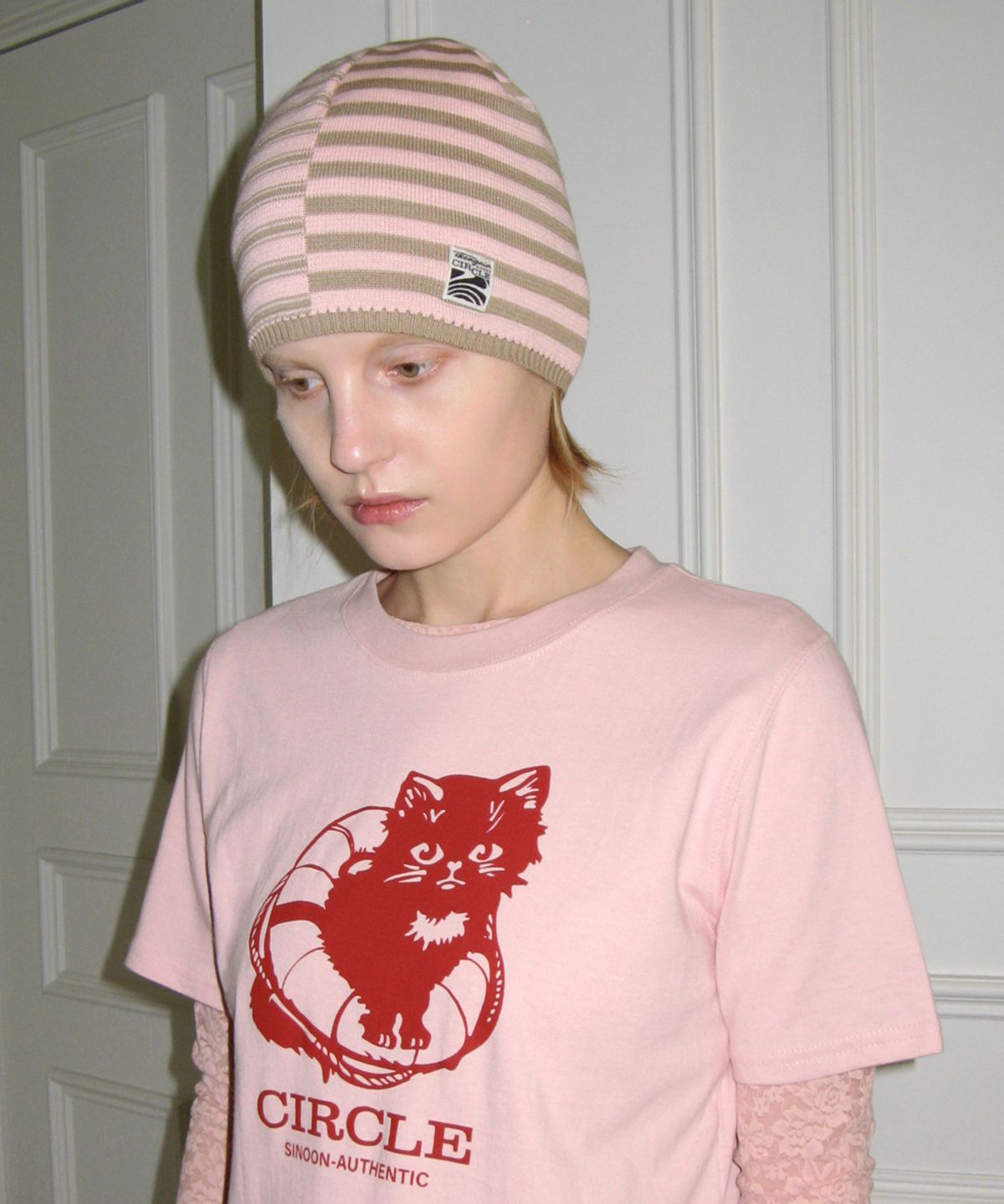 시눈(SINOON) STRIPE COLOR BLOCK BEANIE (SOFT PINK)