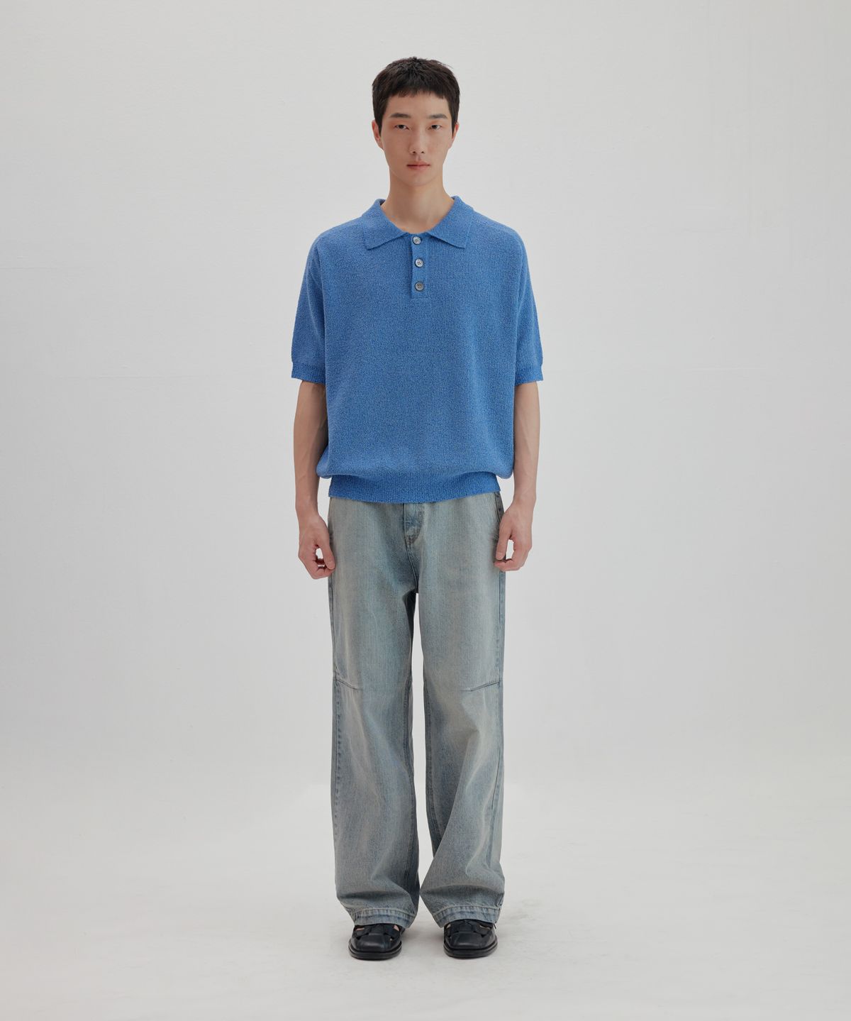 넌블랭크(NONBLANK) 래글런 하프 슬리브 칼라 니트_MELANGE BLUE