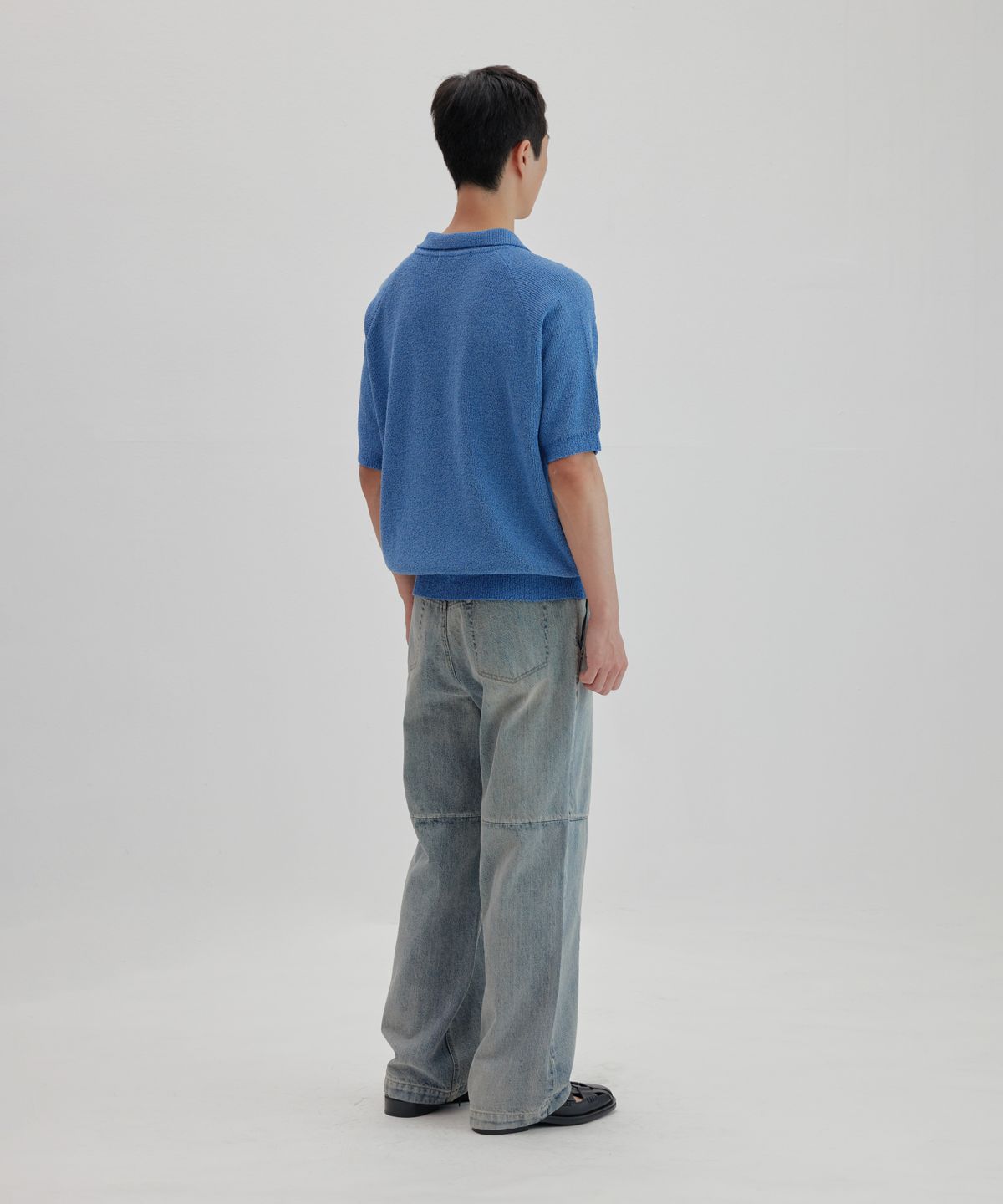 넌블랭크(NONBLANK) 래글런 하프 슬리브 칼라 니트_MELANGE BLUE